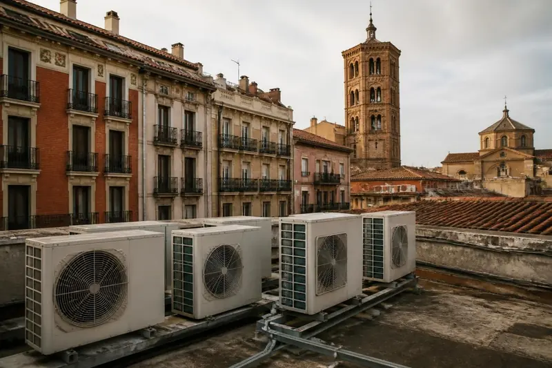Unidades exteriores de aire acondicionado en una azotea del Centro de Zaragoza, con fachadas antiguas y una torre mudéjar detrás