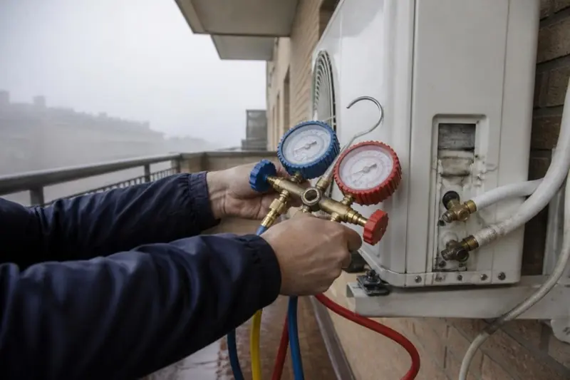 Técnico midiendo el gas de un aire acondicionado que no calienta en un balcón de Zaragoza