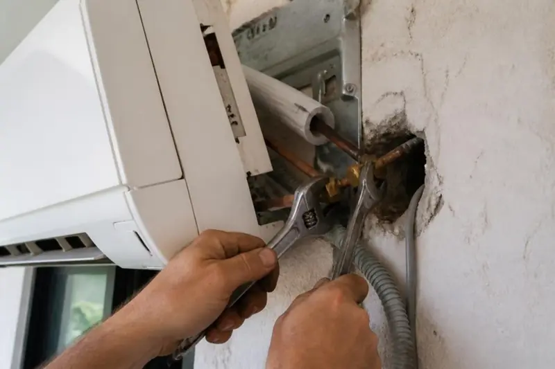 Técnico soltando con dos llaves las tuercas de las tuberías de un split antes de desmontarlo en Zaragoza