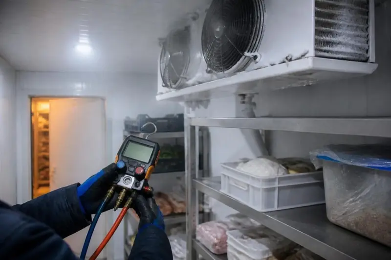 Técnico midiendo presiones con un manómetro junto al evaporador de una cámara frigorífica en Zaragoza