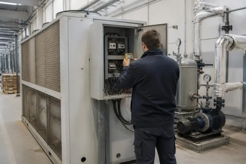 Técnico revisando con un multímetro el cuadro eléctrico de una enfriadora de proceso en una nave de Zaragoza
